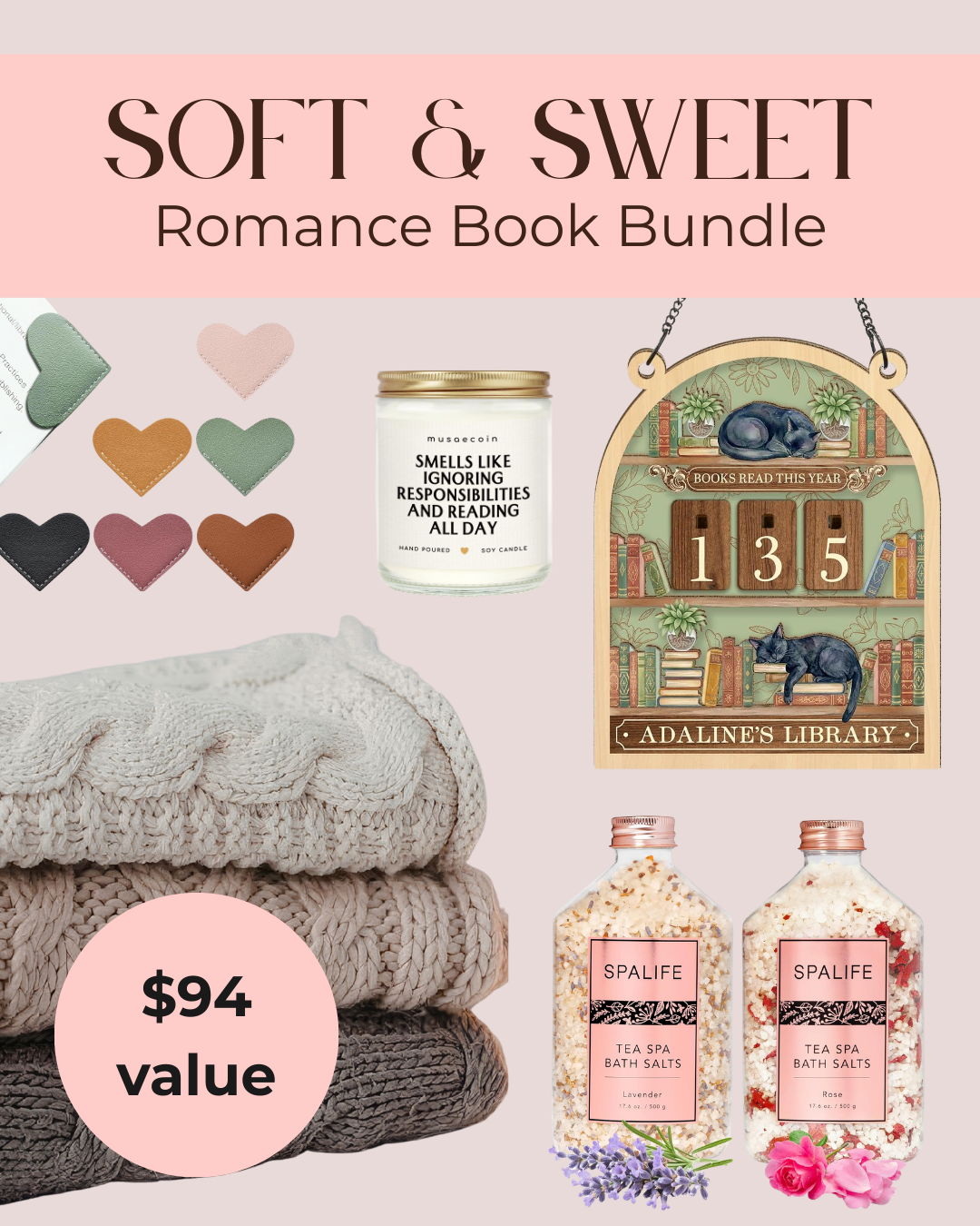 Collage image showing prize items for a sweet romance giveaway that includes a heart shaped corner bookmark, library book counter sign, knit blanket