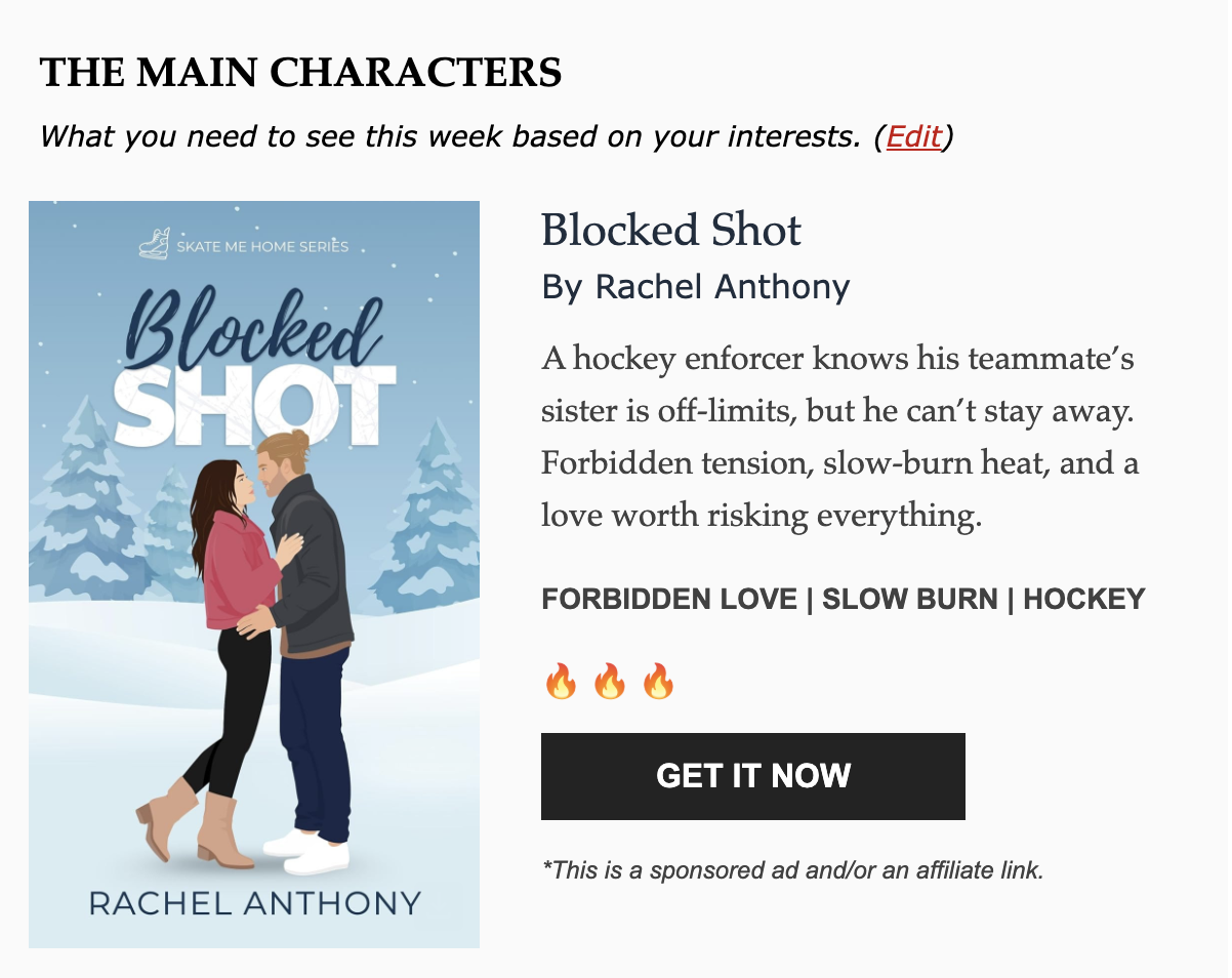 Screenshot of a Featured book ad in a Ravish newsletter for romance readers